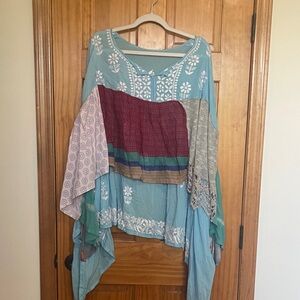 Upcycled Bohemian Multi-Color Embroidered Women's Top One Size up to XL